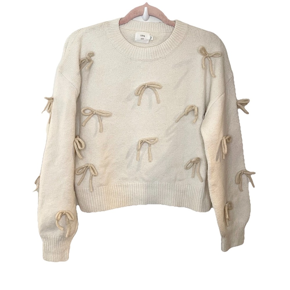 Anthropologie Luna Ivy Ivory Sweater 3D White Bow Embroidery Cozy Coquette Sz XS